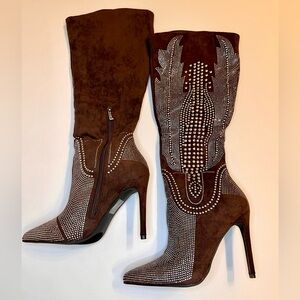 Rhinestone Studded Embellished Brown Suede-Like Knee-High 4.5 Heel Western Boots